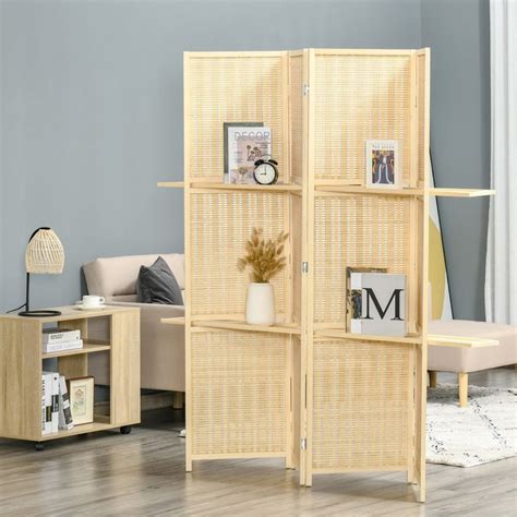 HOMCOM 4-Panel Bamboo Room Divider, 6 Ft Folding Privacy Screen with 2 Display Shelves for ...