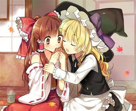 Girls Blonde Hair Bow Brown Hair Drink Food Hakurei Reimu Hanabana