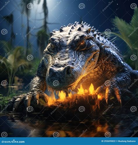 Caiman Yacare Caiman Crocodile in the River Surface Evening Yellow Sun