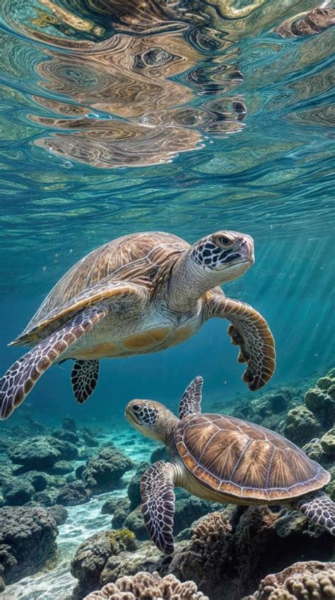 Two Sea Turtles Glide Through Sunlit Waters Showcasing The Serene