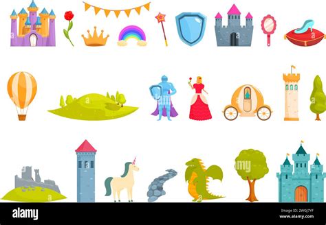 Fairytale Princess Castle Icons Set Cartoon Vector Fairy Monument