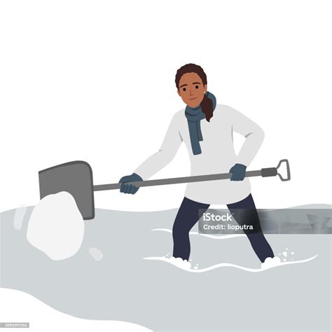 Woman With Shovel Cleaning And Digging Out Car Covered With Snow And