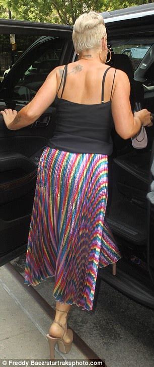 Pink Struts In Striped Skirt And Massive Nude Heels In NYC Daily Mail Online