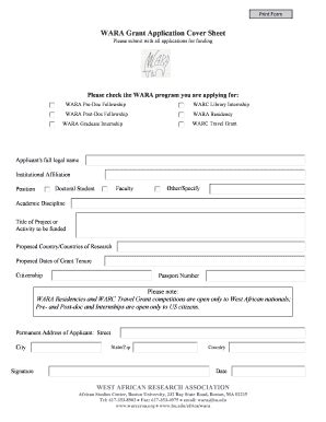 Fillable Online Bu WARA Grant Application Cover Sheet Boston