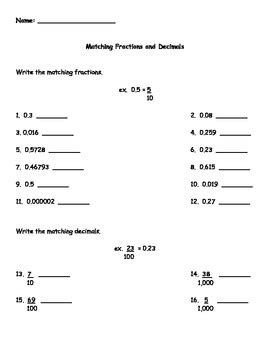 Matching Fractions and Decimals Worksheet by Kris Milliken | TPT 