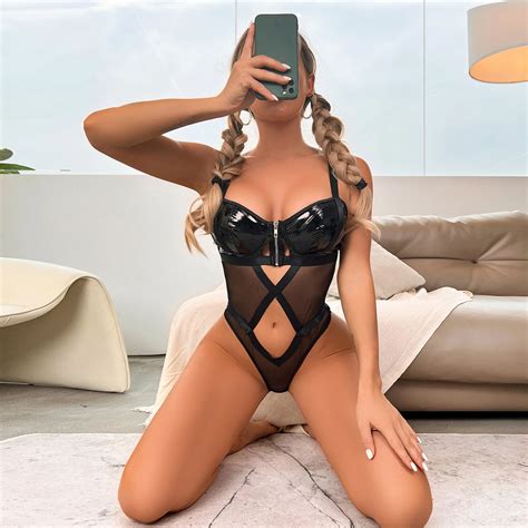 Sexy Mesh Bodysuit See Through Underwear Hollow Out Lingerie Leather