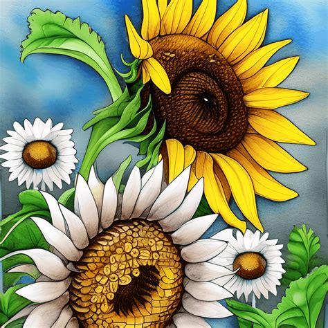 Honeybee Sunflower Daisy Hyper Realistic Intricate Detail Cartoon