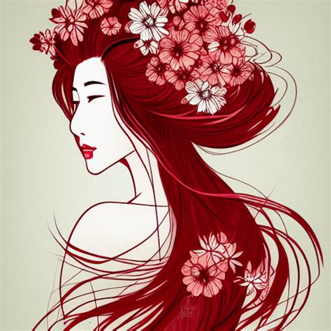 Beautiful Wild Red Geisha with Flowers in Hair · Creative Fabrica