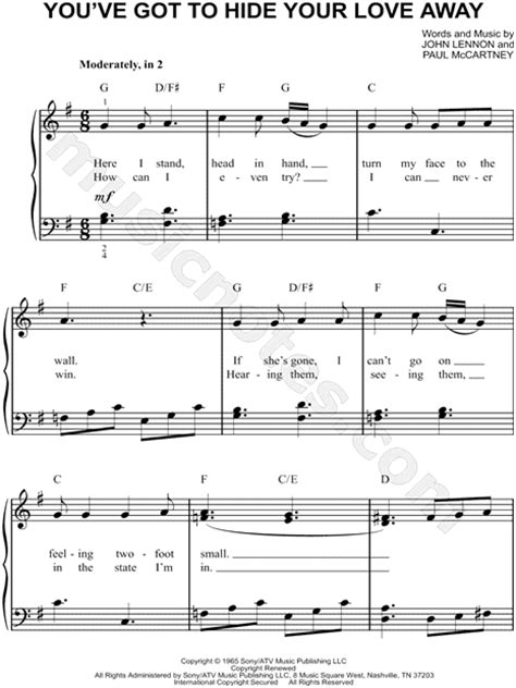 The Beatles You Ve Got To Hide Your Love Away Sheet Music Easy Piano In G Major Download