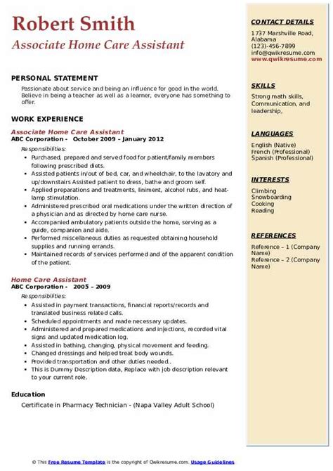 Home Care Assistant Resume Samples Qwikresume