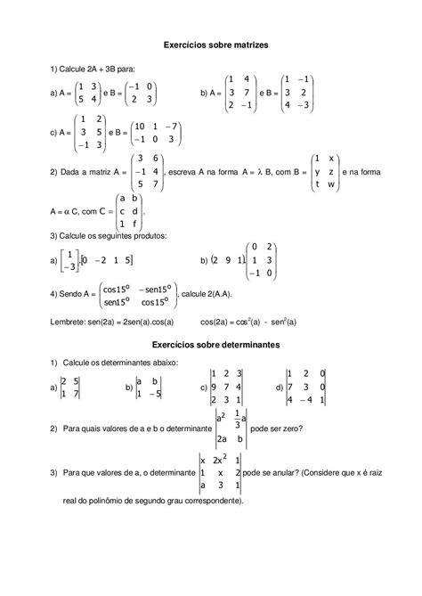 Lista De Exercícios Sobre Matrizes E Determinantes Resolvidos Edukita