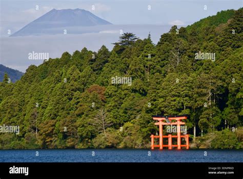 lake ashi mount fuji  hakone jinja vermillion peace torii gate asia