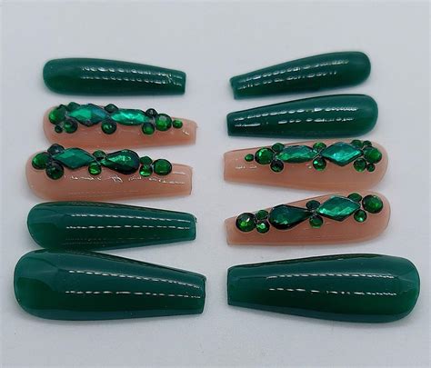 Green Press On Nails Green Nude Nails Green Rhinestone Nails Press On Nails For Prom Homecoming