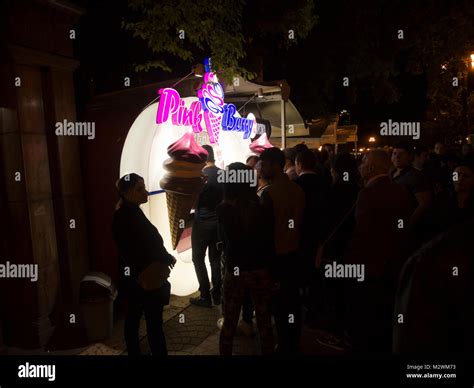 Nightlife on Abovyan street in the centre of Yerevan Armenia, lining up ...