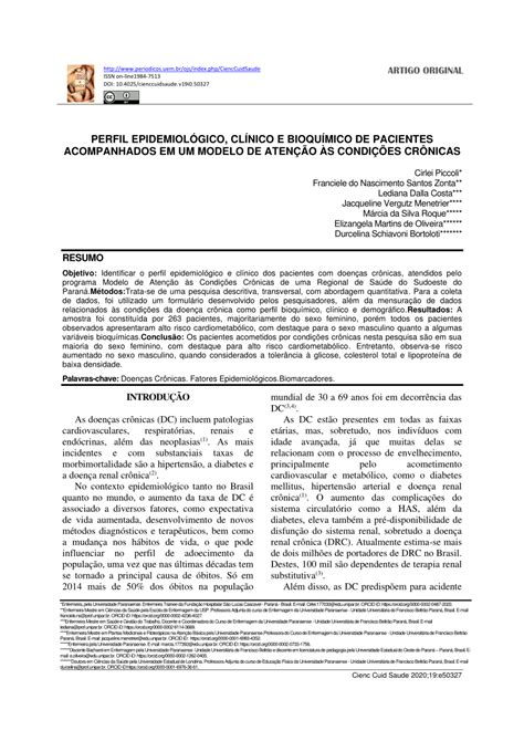 Pdf Perfil Epidemiol Gico Cl Nico E Bioqu Mico De Pacientes