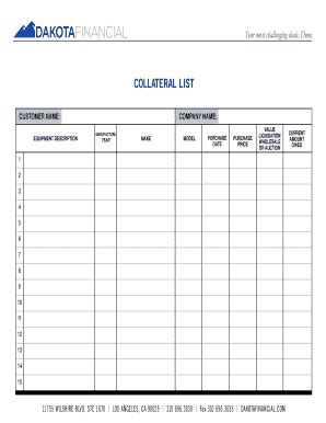 Fillable Online Collateral List Dakota Financial Llc Fax Email Print