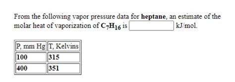 Solved From The Following Vapor Pressure Data For Heptane Chegg