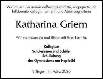 Traueranzeigen Von Katharina Griem Schwarzw Lder Bote Trauer