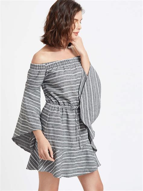 Grey Striped Off The Shoulder Bell Sleeve Ruffle Dress Shein Sheinside