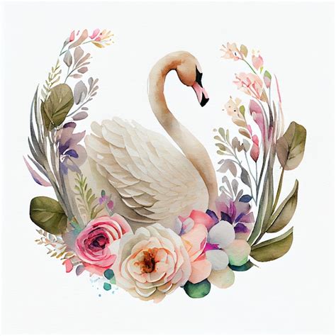 Premium Photo A Watercolor Painting Of A Swan With Flowers And Leaves