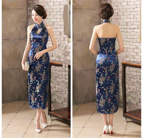 Navy Blue Mandarin Collar Women Chinese Dress Backless Long Satin Qipao