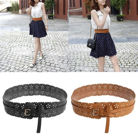 Fashion Women Belts Hollow Flower Leather Belt Wide Dress Waist Belt ...