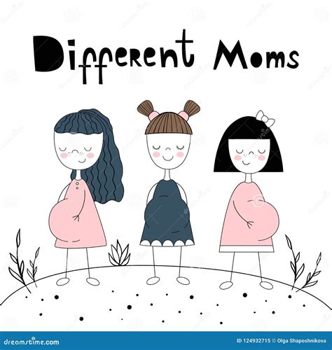 Different Moms Vector Illustration Pregnant Girl Cartoon Style