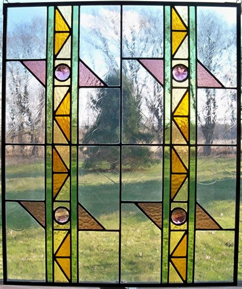 Prairiestyle Stained Glass Panel With Purple Faceted Jewels Stained Glass Stained Glass