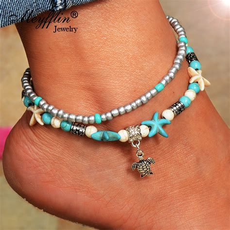 Meyfflin Starfish Turtle Beads Anklets For Women Bohemian Layered