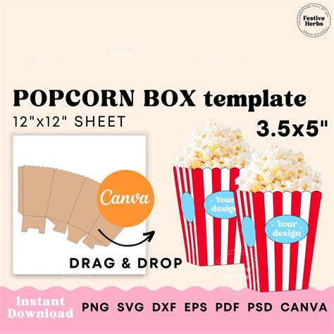 Popcorn Box Template, Popcorn Box SVG, Popcorn Box for Wedding Birthday Kids Party Custom Canva ...