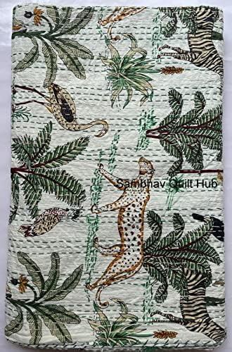 Handblock Traditional Pure Cotton Jungle Print Kantha Quilt Bed Cover