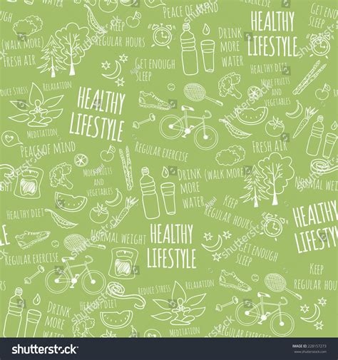 Healthy Lifestyle Seamless Pattern On Green Vector De Stock Libre De