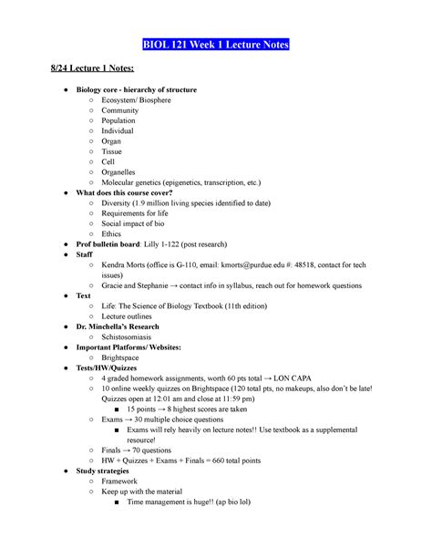 Biol Week Lecture Textbook Reading Notes Biol Week