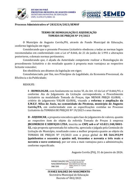 Termo De Homologa O E Adjudica O Prefeitura Municipal De Augusto