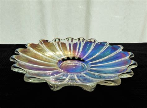 Federal Glass Iridescent Clear Celestial 9 1 2 Shallow Bowl Carnival