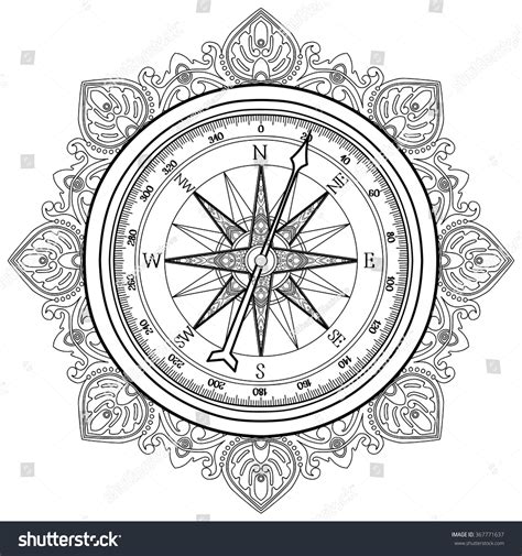 Graphic Wind Rose Compass Drawn In Line Art Style Nautical Vector Illustration Coloring Book