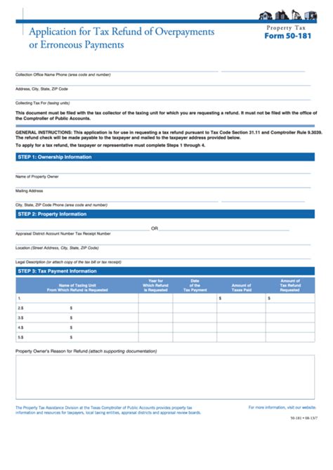 Fillable Form 50 181 Application For Tax Refund Of Overpayments Or