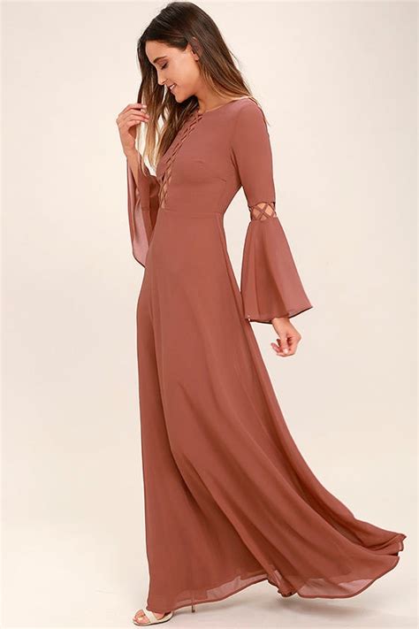 Lovely Rusty Rose Dress Long Sleeve Dress Maxi Dress Cutout Dress