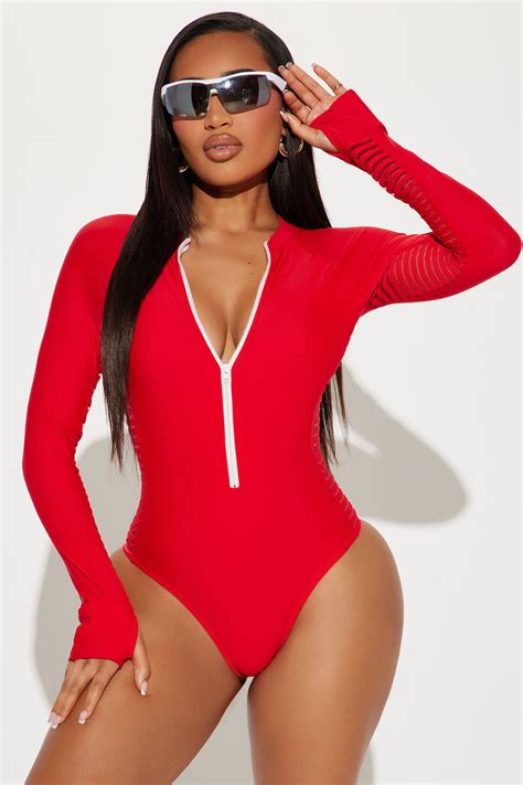 Cassandra Long Sleeve 1 Piece Swimsuit Red Fashion Nova Swimwear