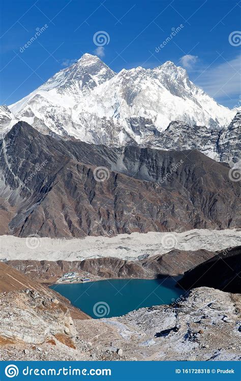 View Of Everest Lhotse Ngozumba Glacier And Gokyo Lake Stock Photo