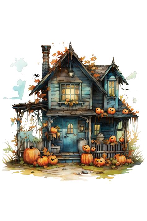 Happy Halloween Cottages Watercolor Scary Skeleton Witch House Cute