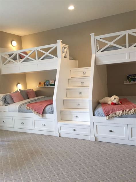 Two White Bunk Beds With Stairs And Drawers In A Room That Has Carpeted