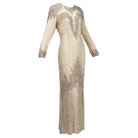 Oleg Cassini Nude Rose Gold Bead And Sequin Illusion Evening Gown US 6 1990s For Sale At 1stDibs