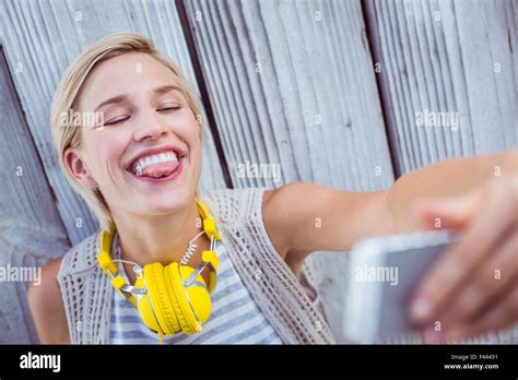 Pretty Blonde Woman Taking Selfie Stock Photo Alamy