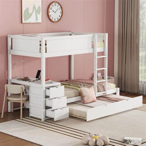 Harper & Bright Designs White Twin over Twin Wood Bunk Bed with 3-Drawer, Built-in Desk, USB ...