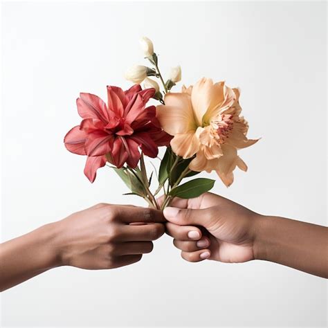 Concepto del día de la mujer con dos manos sosteniendo flores sobre un