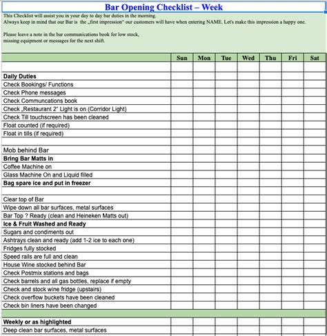 Opening And Closing Checklist Template Free