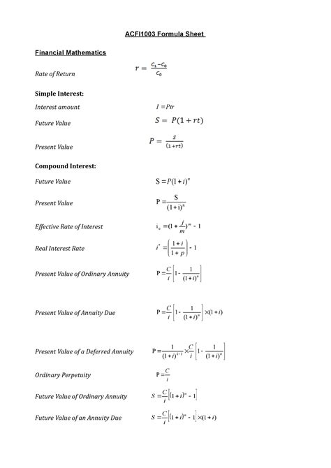 Acfi1003 Formula Sheet Acfi1003 Formula Sheet Financial Mathematics Rate Of Return Simple