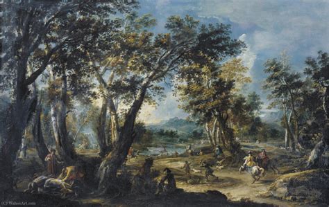 Oil Painting Replica Landscape With A Stag Hunt By Antonio Stom