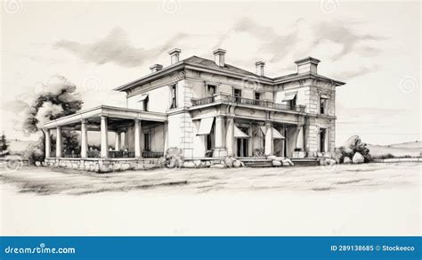 Hand Drawn Pencil Sketch Of A Decayed Neoclassical Mansion In Wine